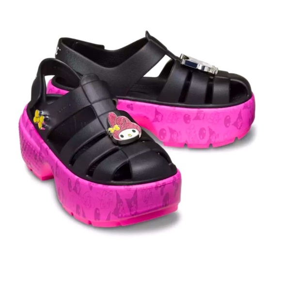 Crocs + Hello Kitty Kuromi My Melody Black Pink Stomp Sandals Size 10 - Picture 3 of 7